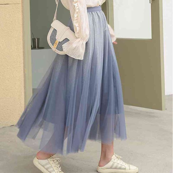 

skirts 2021 spring summer korean style blue gradient glitter gauze voile skirt high waist long black pleated skirts female jupe