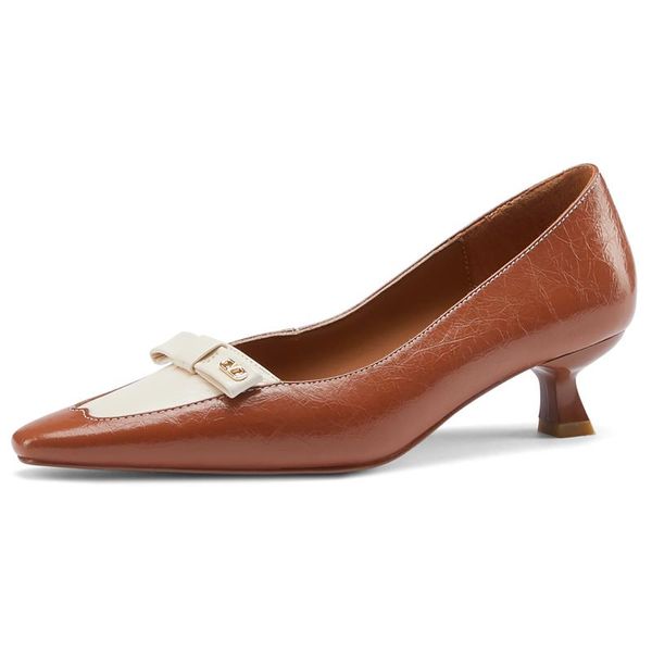 

dress shoes spring women mid heels elegant ladies genuine leather pointed toe party woman beige brown bowknot thin heeled pumps m019, Black
