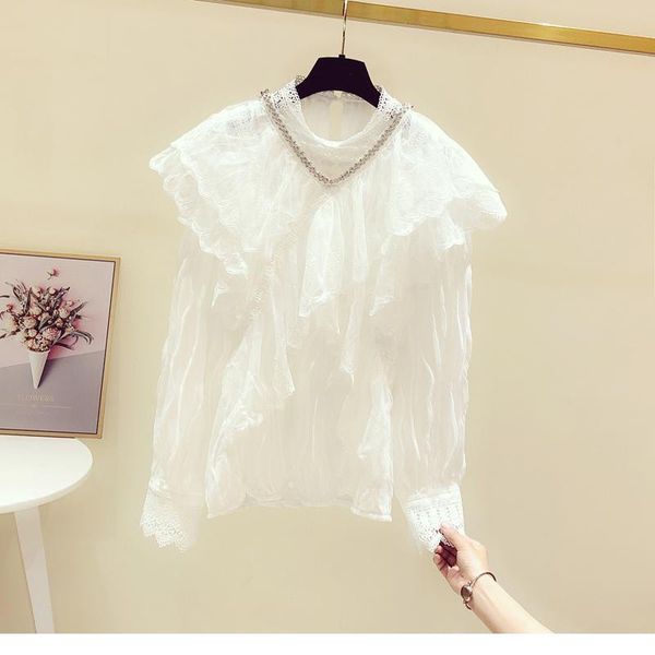 

women's blouses & shirts lace patchwork ruffled stand collar shirt for women 2021 spring summer white blouse elegant lady all-match bl