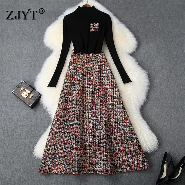 

female oem runway fashion autumn winter 2 piece dress set women ankle length party outfits black pullover knitted sweater and long tweed woo, White
