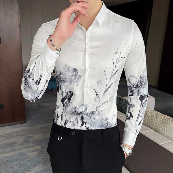 

long sleeve shirts men fashion flower shirts slim business formal dress shirts streetwear social office camisa masculina 210527, White;black