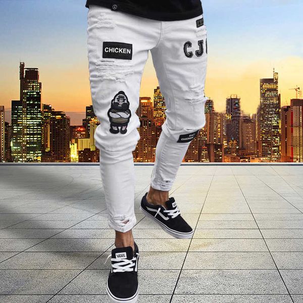 

men's elastic tear jeans, with embroidery, printing, tear, gap, Blue
