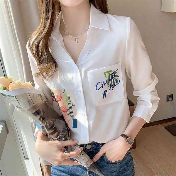 

women white ol chiffon shirts blouses print pockets blouse button neck long sleeve chic office wear woman blusa spring 210507
