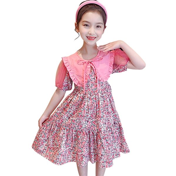

summer dress girl mesh s floral pattern for kids patchwork costume 6 8 10 12 14 210528, Red;yellow