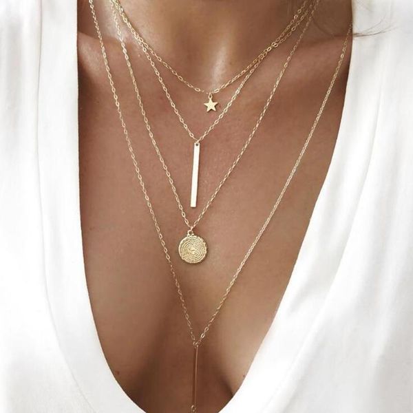 

8seasons romantic vintage 2021 boho multilayer pendant necklace for women gold star coin metal mother gift,1 pc chokers, Golden;silver