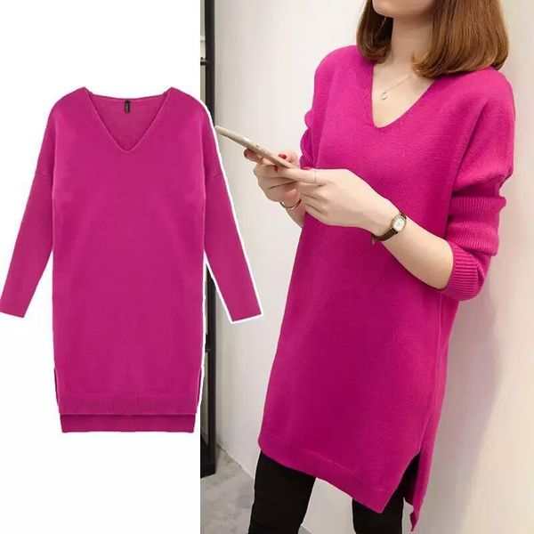 

plus size womens dresses 3xl fashion women pullover sweater dress autumn winter loose v neck knitted long solid female, Black;gray