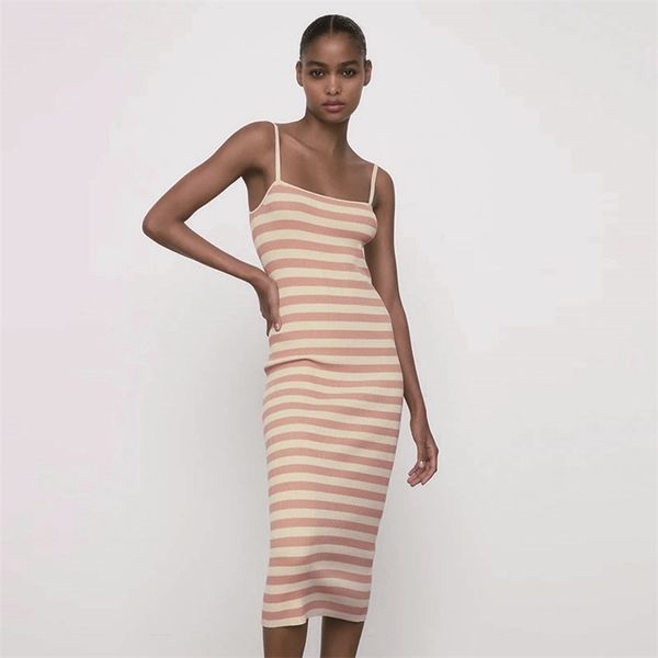 

summer striped knitted sling tight-fitting dress apricot plus pink sweater long skirt 210422, Black;gray