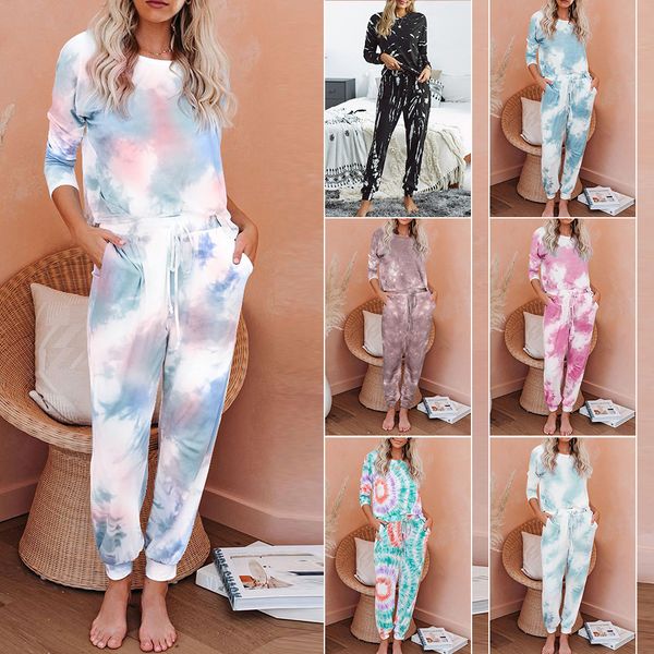 

tie dye printed long sleeve trousers split pajamas 45037, Black