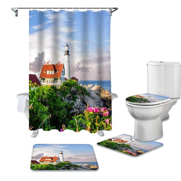 

shower curtains flower lighthouse seaside cottage curtain sets non-slip rugs toilet lid cover and bath mat waterproof bathroom