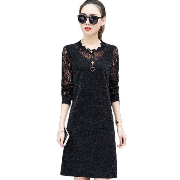 

casual dresses hook flower openwork 5xl spring women 2021 patchwork lace dress plus size long sleeve loose kadin elbise f438, Black;gray