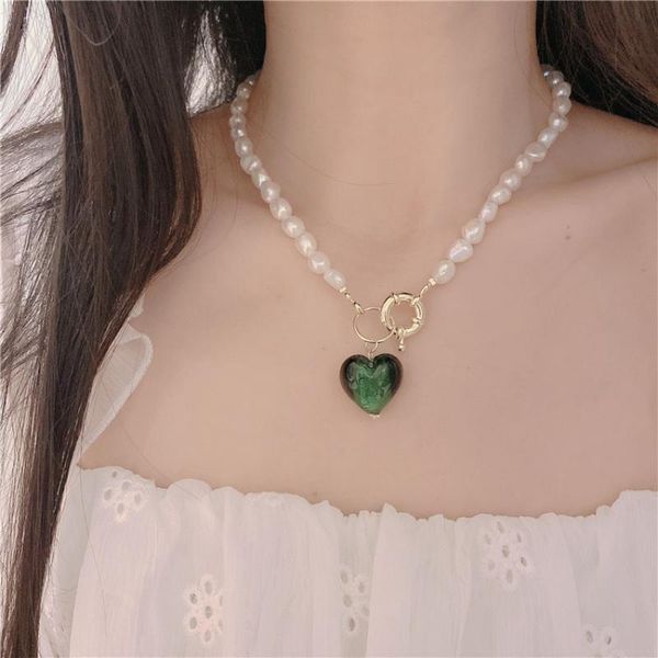 

chains trendy jewelry elegant green heart pendant necklace style one layer natural freshwater pearls for women gift, Silver