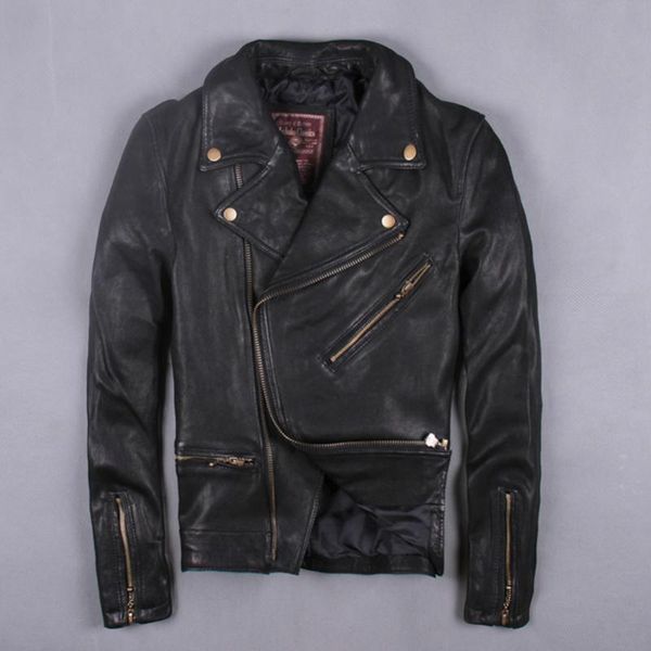 

men's leather & faux spring tanned sheepskin lapel genuine jacket men slim fitted motorcycle short biker for mail, Black