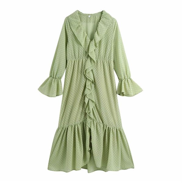 Evfer Kadınlar Moda Sprint Pileli Ruffles Yeşil Uzun Elbiseler Chic Lady Zarif V Yaka Sleeve Nokta Baskı Şifon Elbise 210421