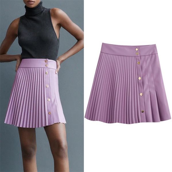 

summer faux leather pleated mini skirts women vintage high waist metal snap button ladies purple black skirt 210519