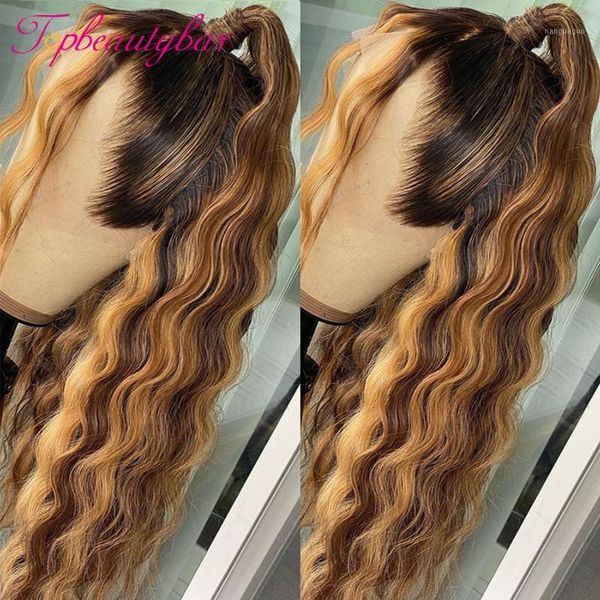 

human hair wig honey blonde ombre 13x6 lace front wigs 180% brazilian highlight color deep wave frontal wigs1, Black;brown