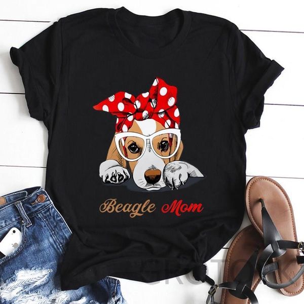 

floral kawaii dog prints womens t shirt black short sleeved beagle mom vintage fashion harajuku, White