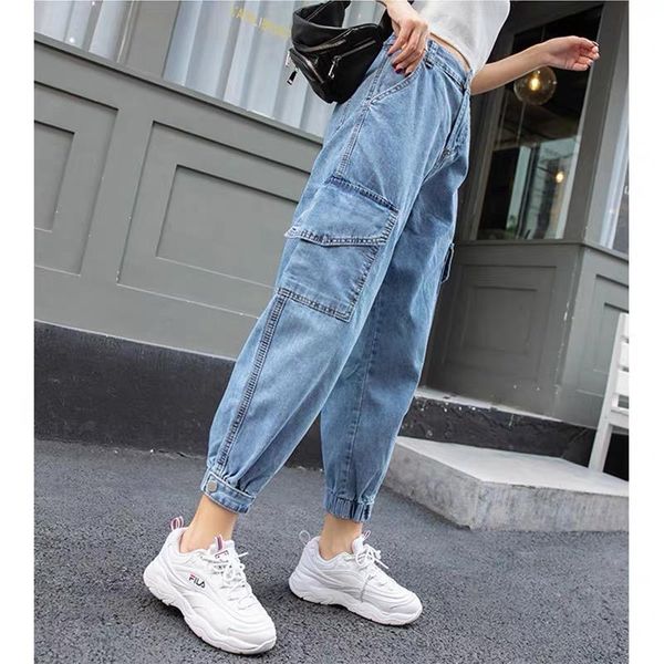 

women's jeans tooling loose large high waist slim nine legged harlan pants, Blue