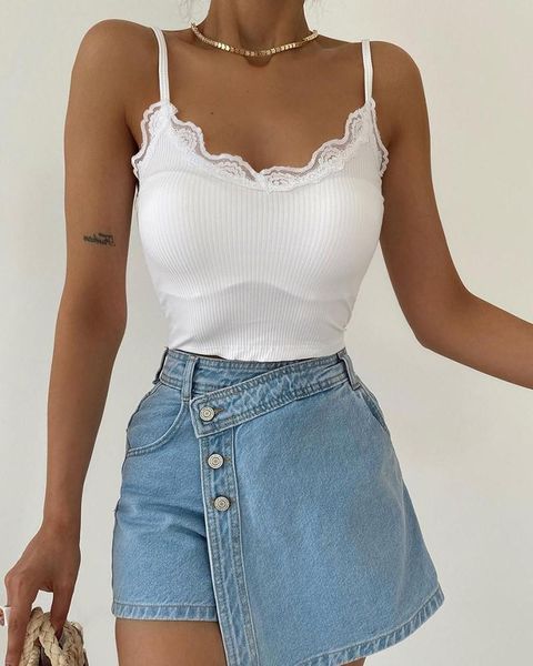 

women's tanks & camis summer lace patch spaghetti strap ribbed female's casual, White