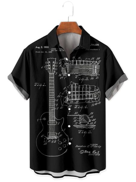 

men's casual shirts 2021 short sleeve lapel shirt large size musical instrument 3d printed with pocket, White;black