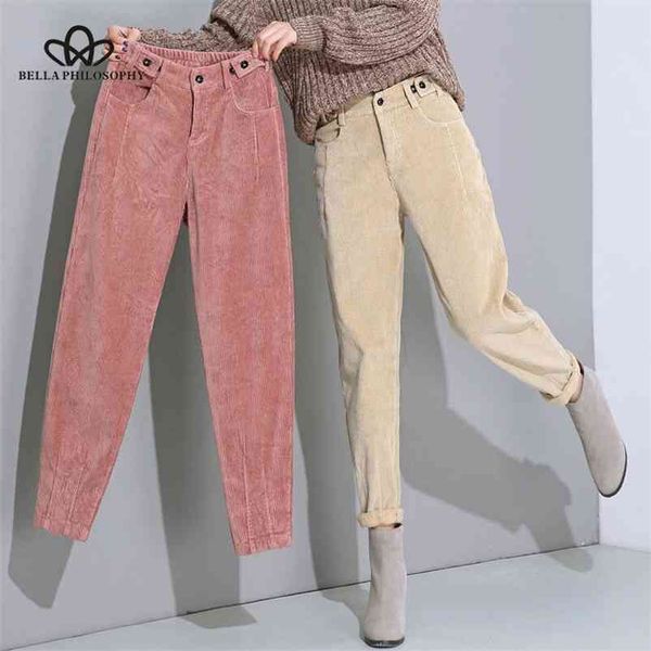 

autumn winter solid casual warm pants ladies elegant corduroy harem female loose high waist leggings 210519, Black;white