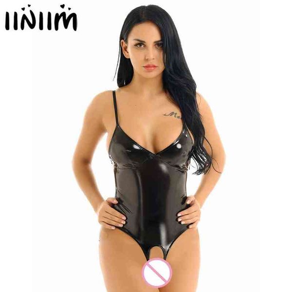 Womens Lingerie Nightwear Cavallo aperto Bodycon Wetlook Pelle verniciata Lingerie Cinghie regolabili Crotchless Sissy Teddy Body 211223