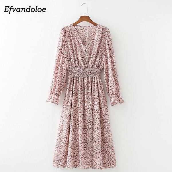 

casual dresses pink floral long sleeve dress autumn chic v neck elegant a line midi women ladies clothing, Black;gray