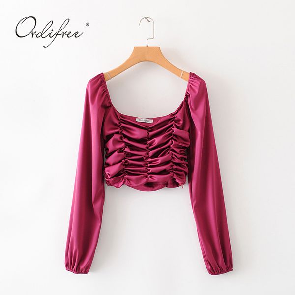 

summer women satin long sleeve short silk blouse shirt 210415, White