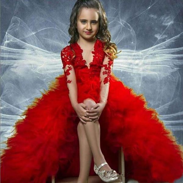 

girl's dresses wear tulle v-neck girls pageant birthday christmas wedding party events kids formal applique long sleeve flower, Red;yellow