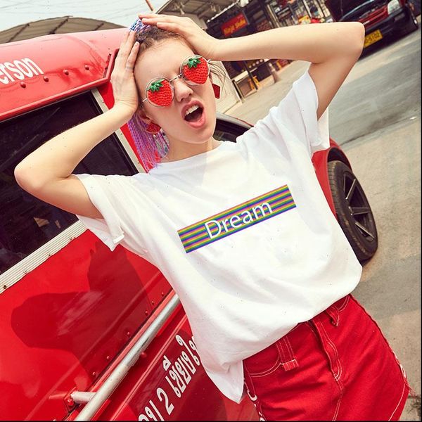 

dream rainbow women t shirts shirt loose cute oversize spring summer casual streetwear hip hop funny, White