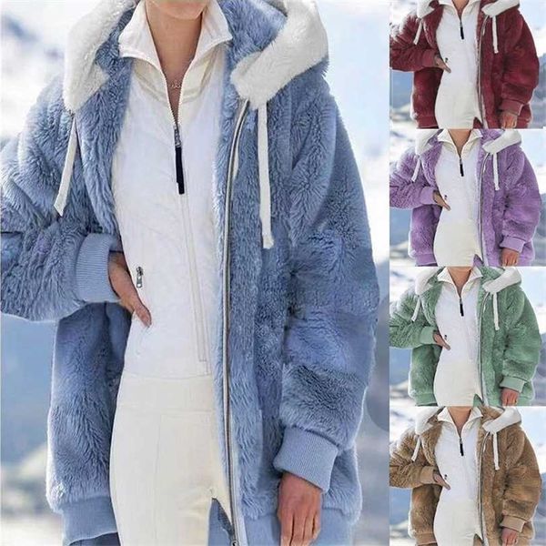 

selling autumn and winter loose plush zipper hooded coat women.s jackets pink jacket 211123, Black