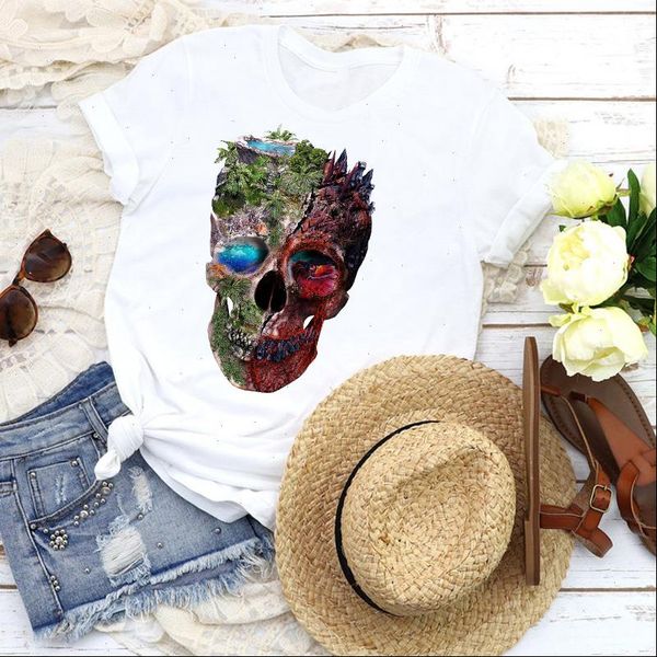 

womens women graphic skull flower 90s lake holiday short sleeve fashion tees clothing female print t shirt, White