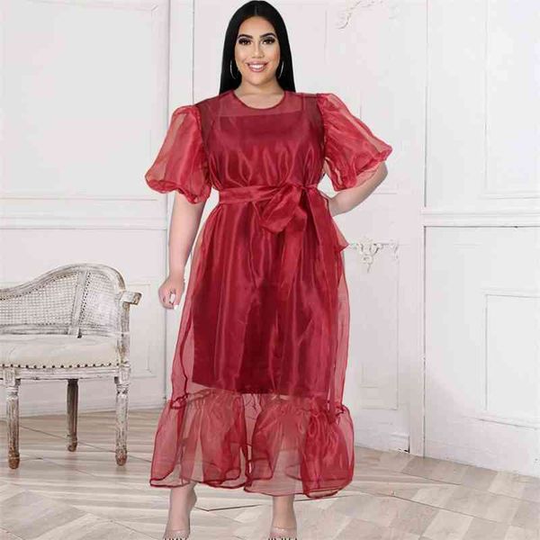 Zweiteiliges Set Plus Size Shirt Kleid 4XL Frauen Sommer Midi Durchsichtig Kurze Laternenhülse Casual Party Robe Drop 210527