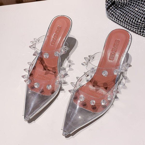 

crystal shoes women high heels sandals pointed toe pvc fashion slingback party transparent thin, Black