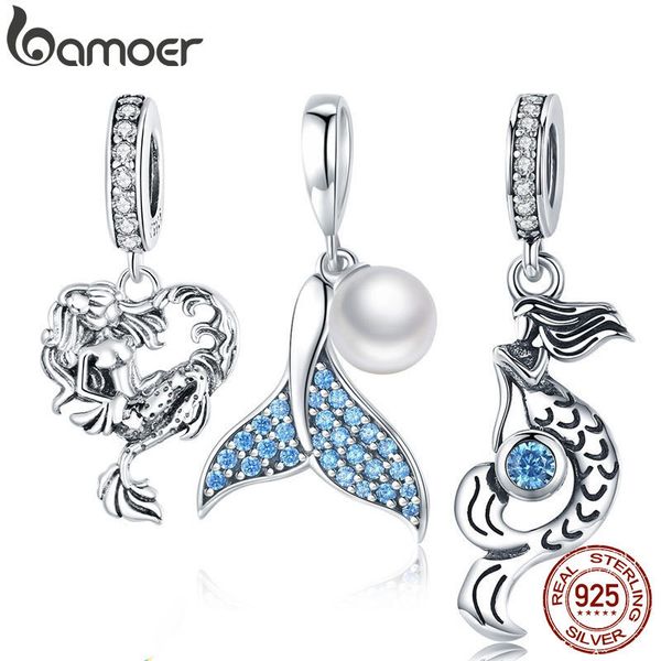 

bamoer genuine 925 sterling silver the mermaid's tail freshwater pearl pendant fit charm bracelet diy jewelry scc877, Bronze;silver