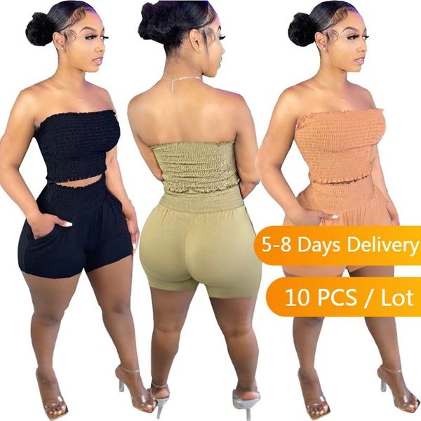 

women's tracksuits bulk items wholesale lots ruched two piece set women streetwear summer outfits bodycon strapless crop and shorts, Gray