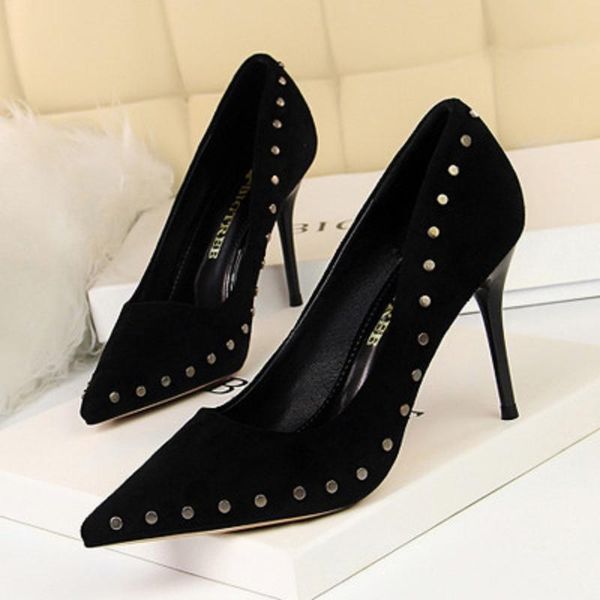 

sspring and autumn ladies fashion high-heeled shoes with suede rivets shallow mouth pointed korean version dress, Black
