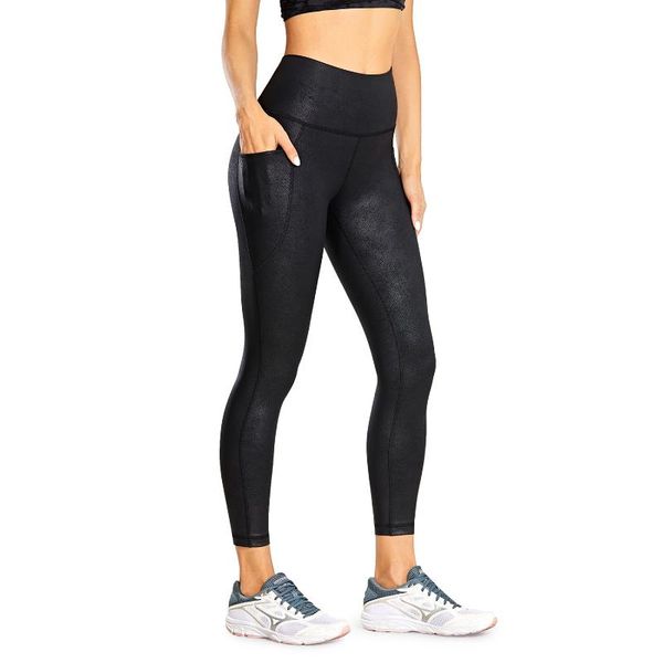 

yoga outfit women's coated faux leather legging high waist pants workout tights with pockets -25 inches