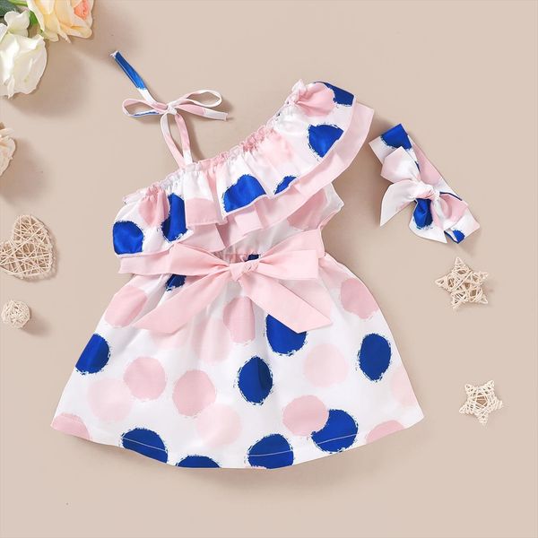 

1 4y summer lovely kids girl dresses girls polka dot print half shoulder bow ruffled collar ruffles, Red;yellow