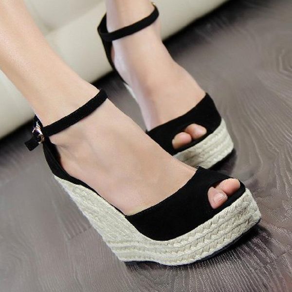 

sandals women wedding party banquet flock buckle strap .5cm wedges high heels peep toe zapatos de mujer shoes size 35-42, Black