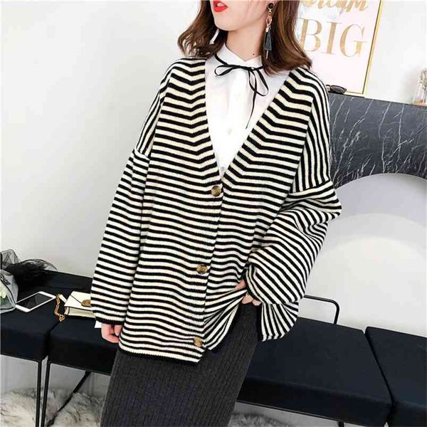 

fashion striped single breasted cardigan v neck loose outwear women long sleeve sweater autumn winter 210427, White;black