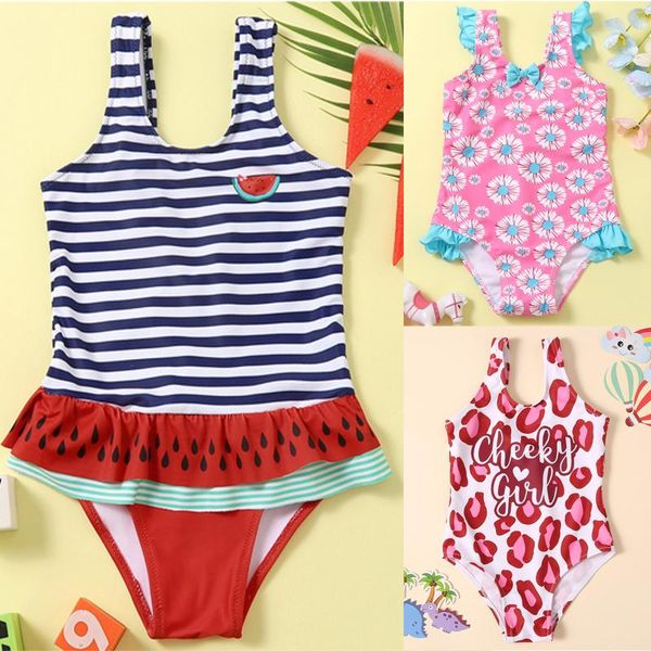 

1-6y baby girls swimwear cute one piece swimsuit watermelon print children swimming dress kids beachwear 2021 one-pieces, Black