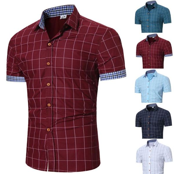 

fashion men plaid dress shirts cotton short sleeve work brand casual slim fit camisa social men's, White;black