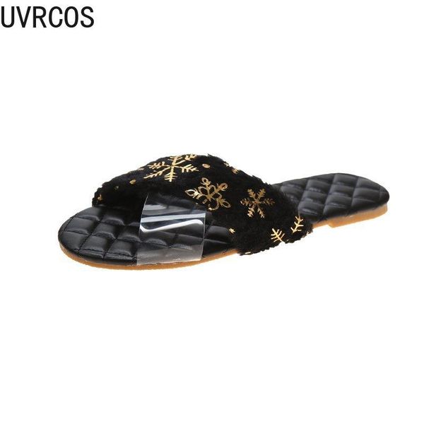 

women's slippers 2021 fashion wild furry transparent ribbon cross vamp applique shoes small fresh, Black