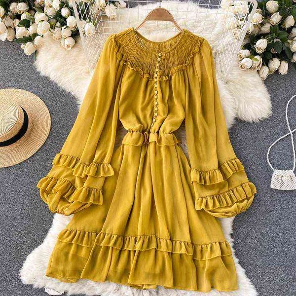 

elegant retro mini dress for womens autumn harvest waist sweet dresses female temperament ruffled a-line boho dress vestidos y1204, Black;gray
