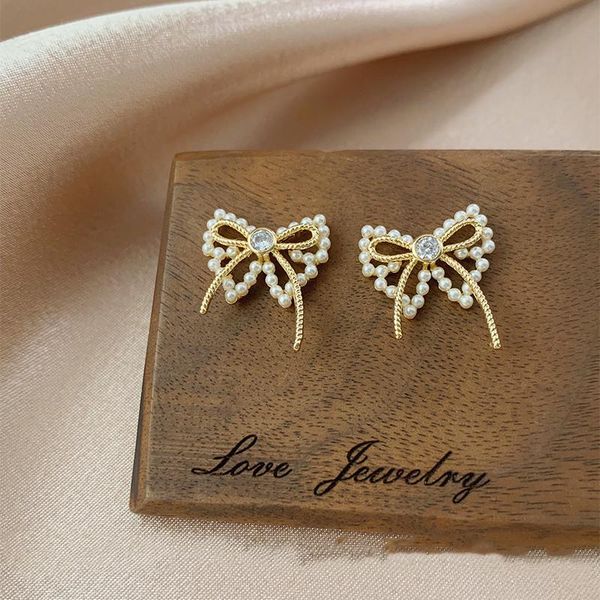 

korea fashion jewelry sweet elegant bow crystal pearl simple life female earrings stud, Golden;silver