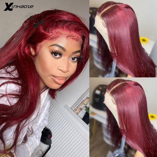 

lace wigs 99j front 4x4 burgundy transparent closure straight brazilian 13x4 frontal human hair pre plucked remy, Black;brown