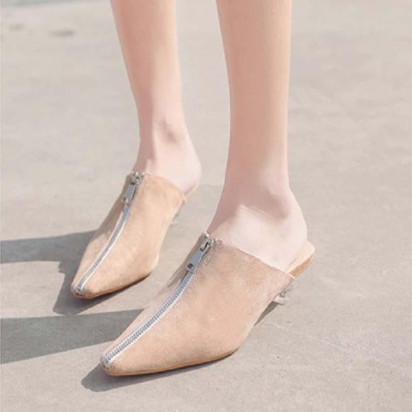 

slippers summer women strange style transparent heel low 5cm pointed mules zipper street casual shoes, Black