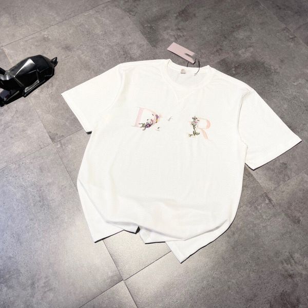 

sleeve 2021 short summer embroidery couples flower letter round neck t-shirt, Gray