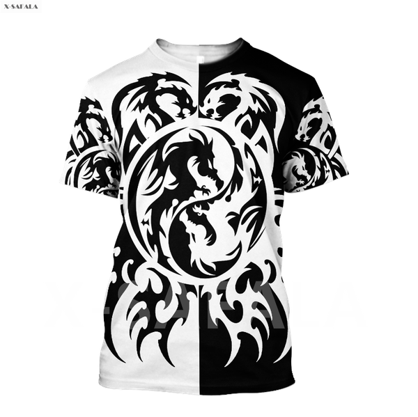 

dragon yinyang pattern tattoo irish god jesus 3d fashion all over printed round neck t-shirt men women harajuku casual tee men's t-shir, White;black