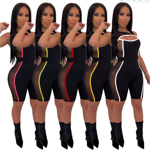 Mesh Patchwork Rahat Bayan Tulum Neon Çizgili Sportif Aktif Kıyafet Siyah Playsuits Bodycon Kolsuz Romper